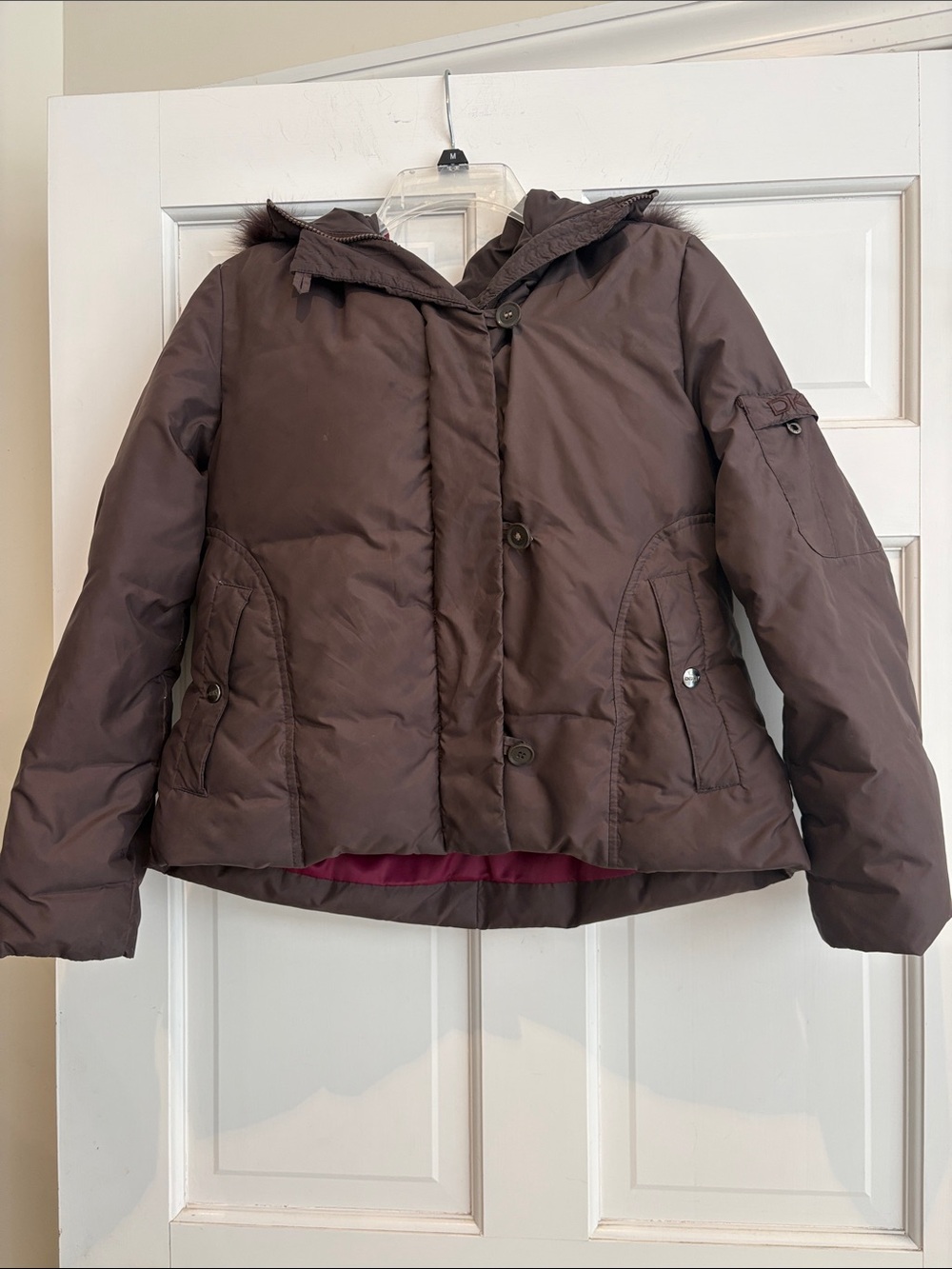 DKNY Brown Hooded Puffer Jacket with Fur Trim, Size Medium